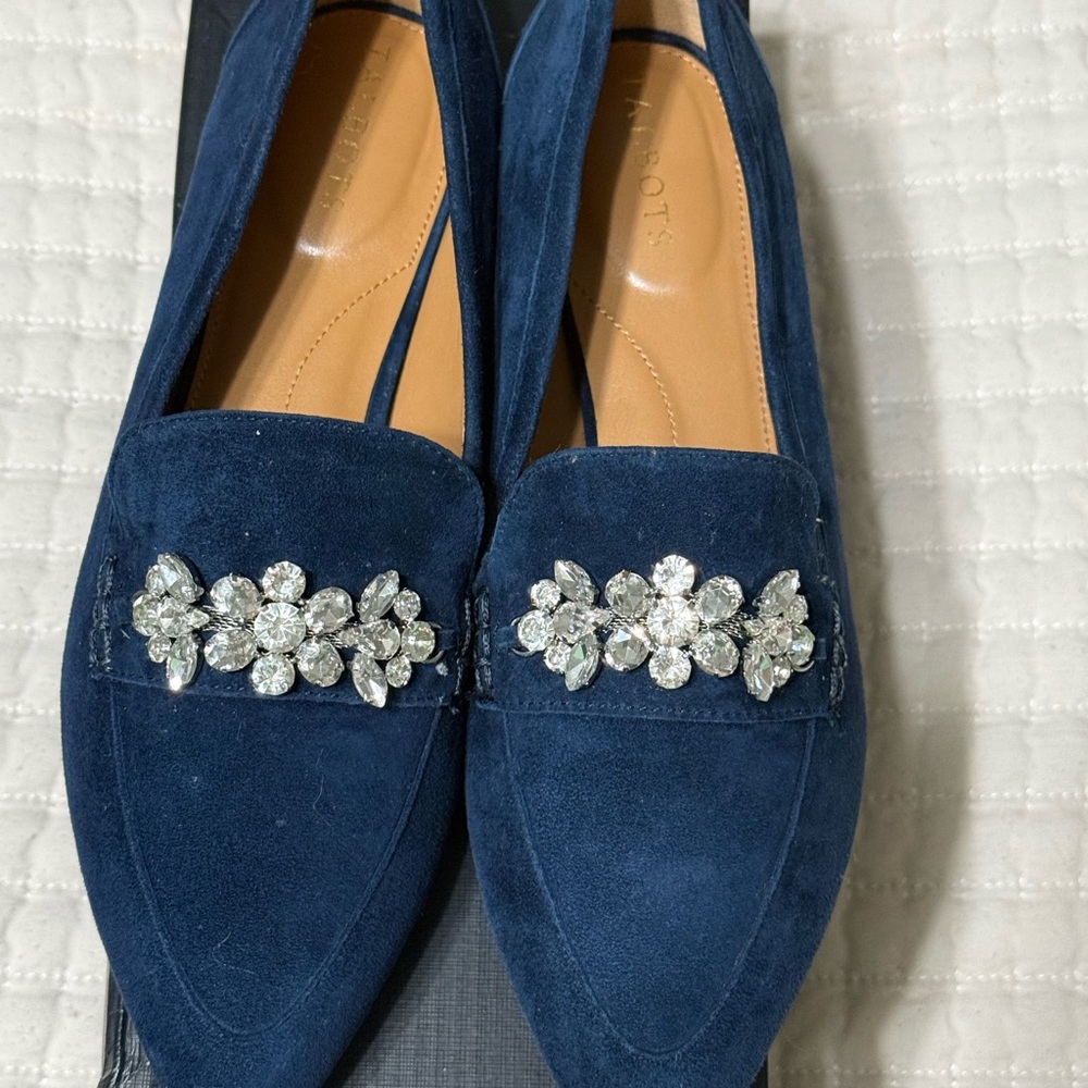 Talbots Blue Suede Loafers with Gem Embellishments